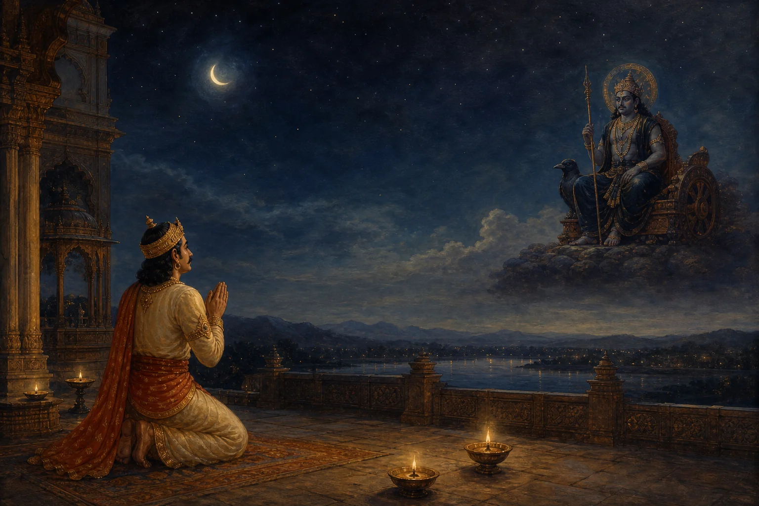 King Dasharatha praying before Shani Dev beneath a night sky