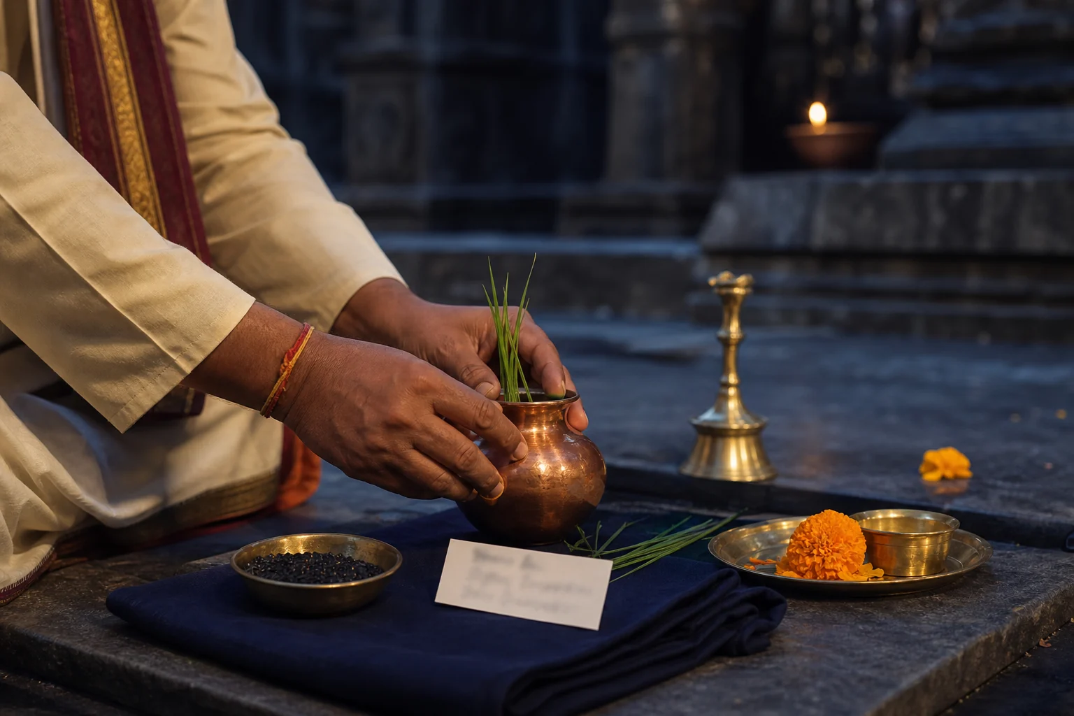 A pandit preparing a personalised Shani puja sankalp