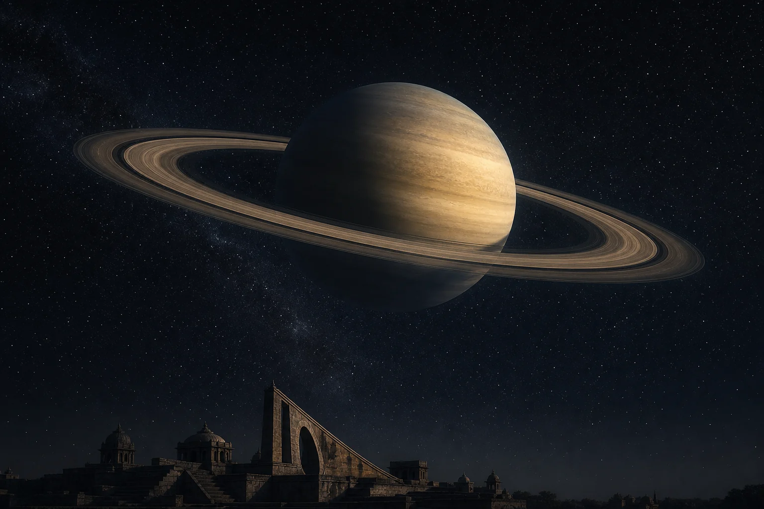 Saturn and its rings above the silhouette of an Indian astronomical observatory