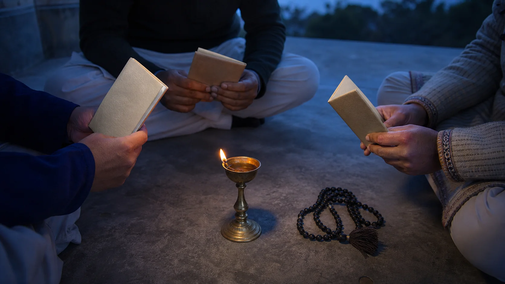 Devotees reciting Shani Chalisa together around a brass diya