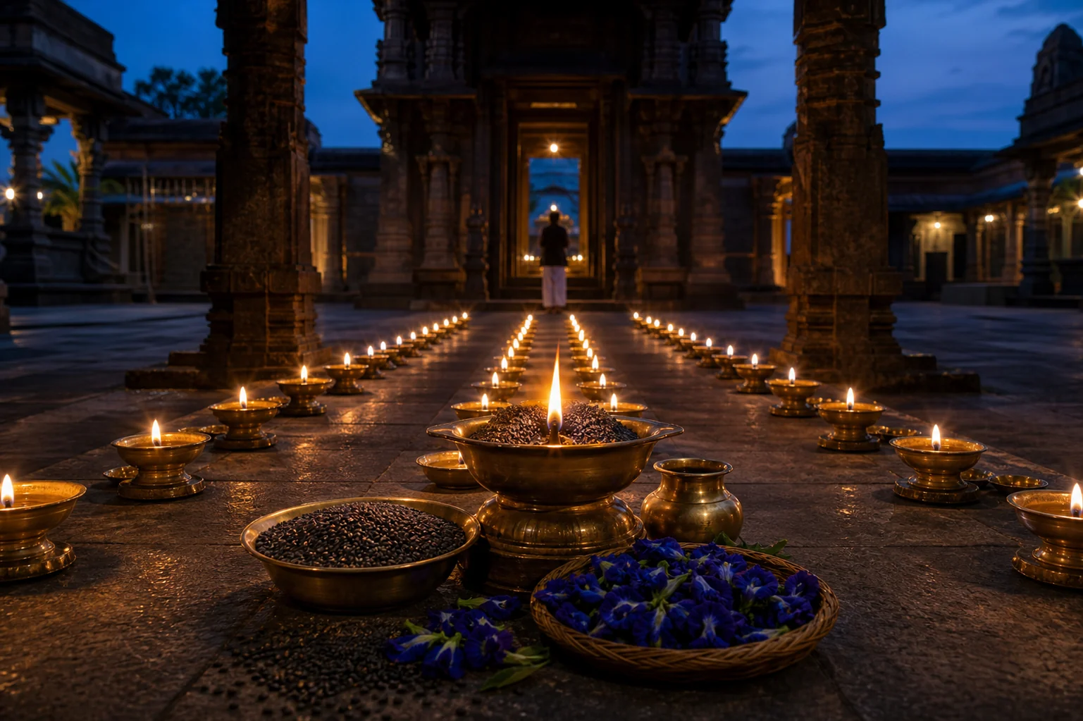 Rows of sesame-oil diyas prepared in a temple courtyard for Shani Jayanti