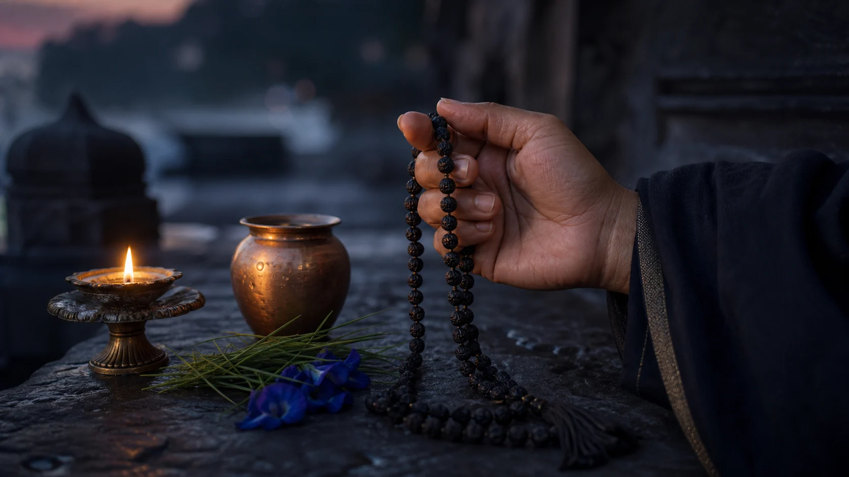 A devotee counting a dark prayer mala beside a diya and copper vessel