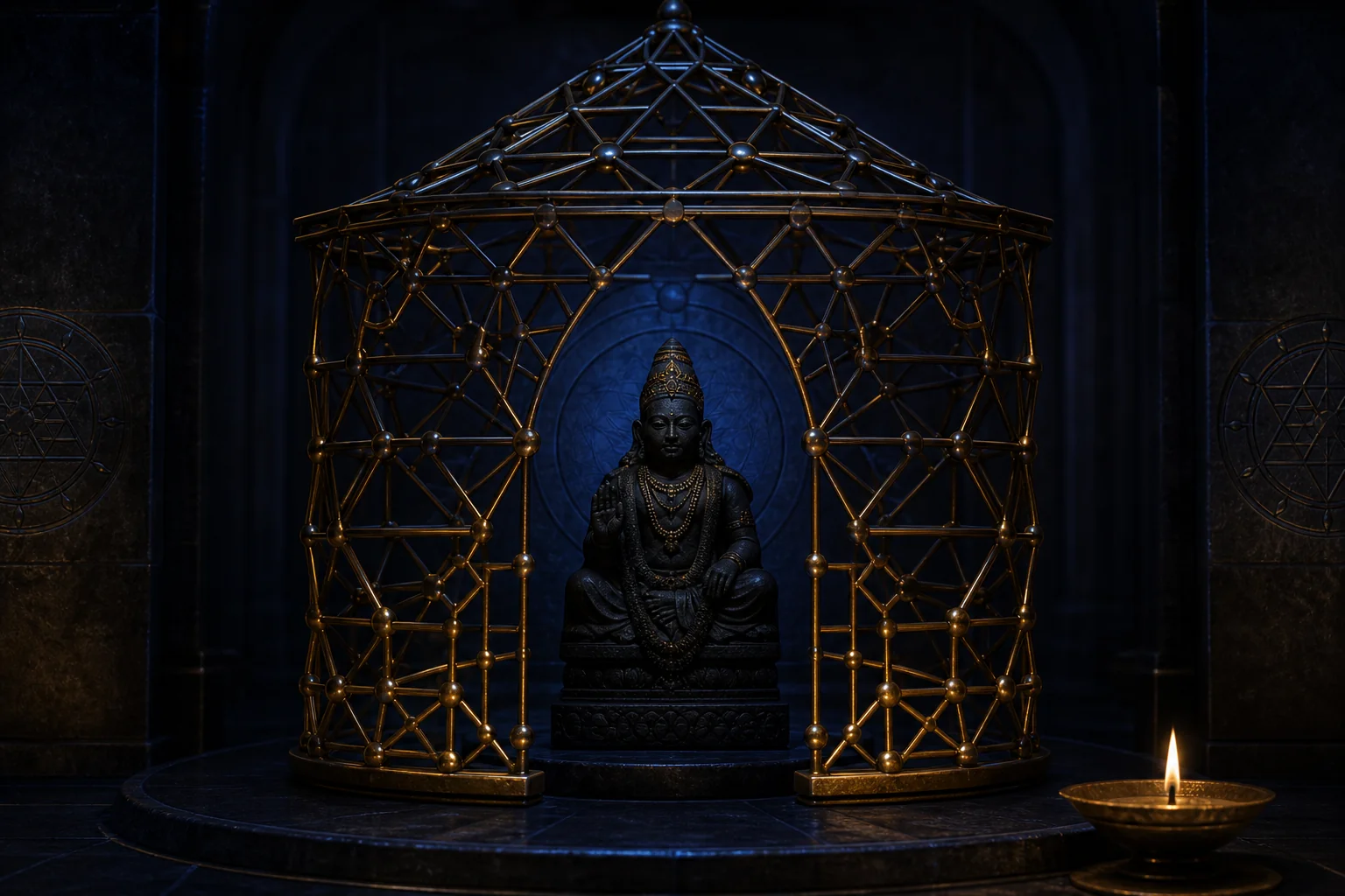 A Shani Dev murti beneath a protective geometric brass pavilion