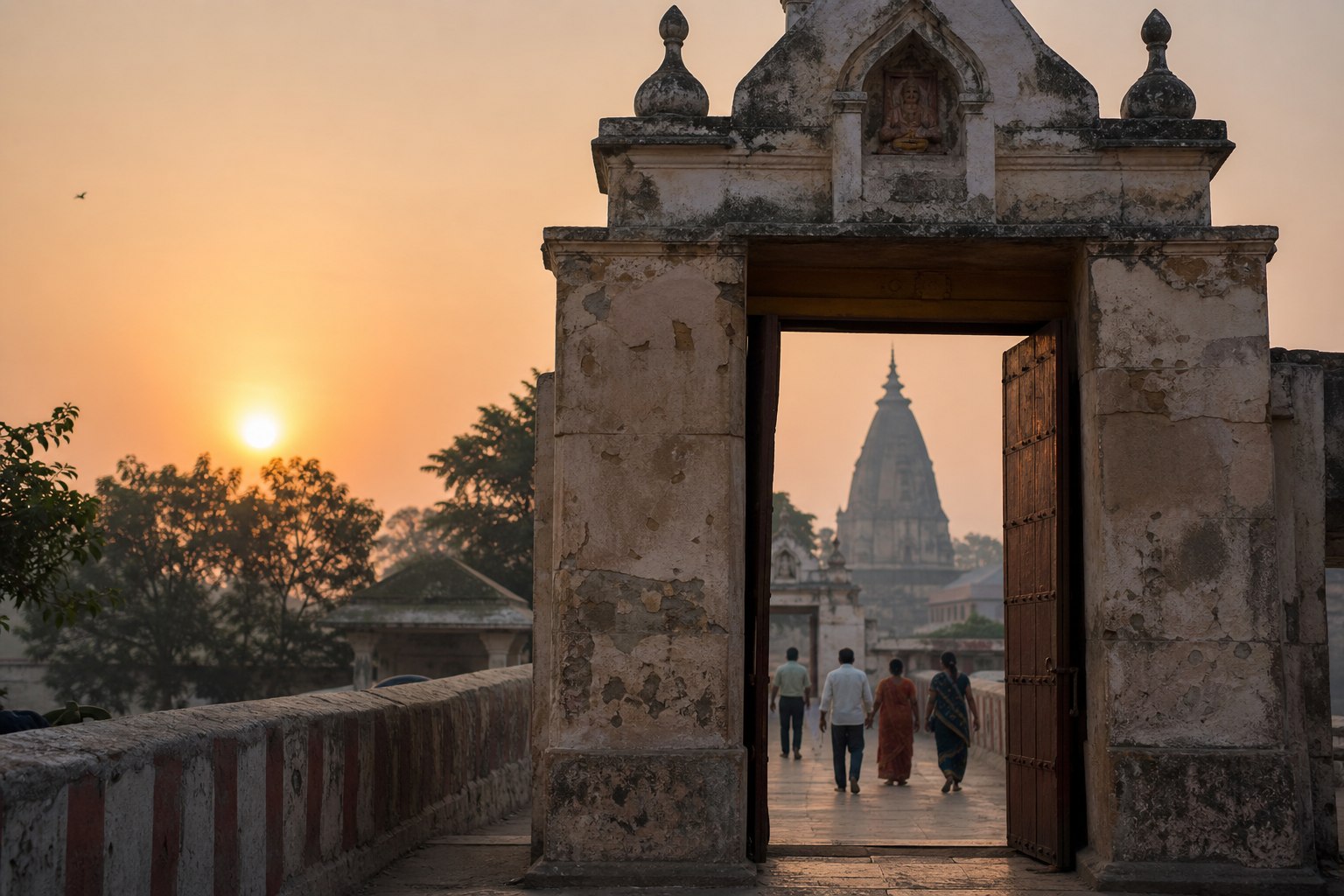 An old temple entrance at sunrise