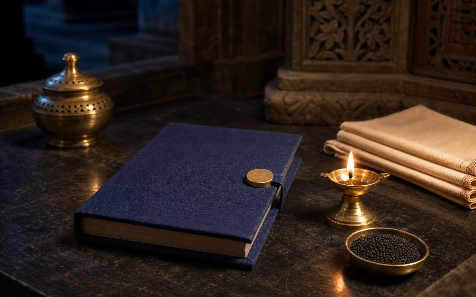 A cloth-bound record beside a diya and traditional puja materials