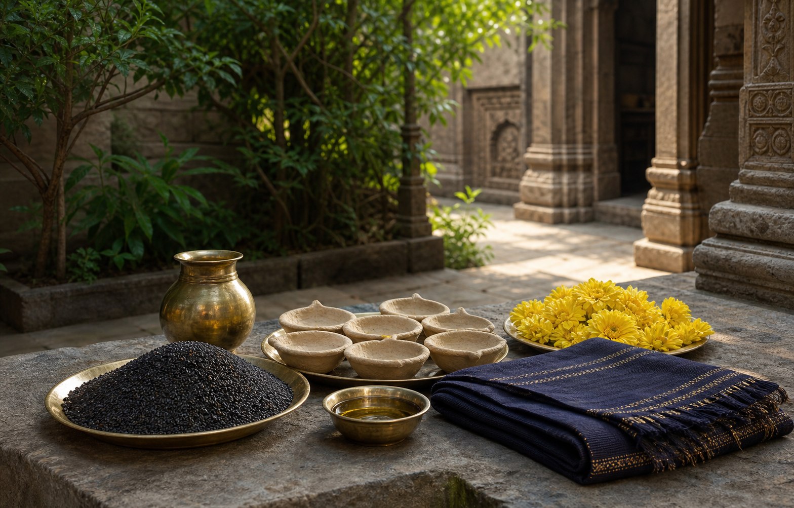 Saturday puja materials arranged in a temple courtyard