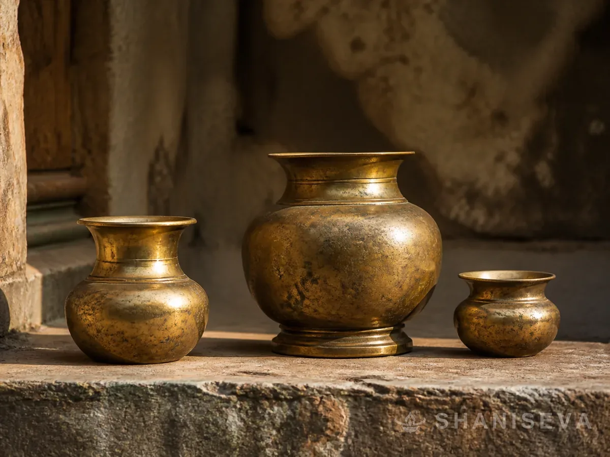 Aged brass ritual vessels on a stone ledge