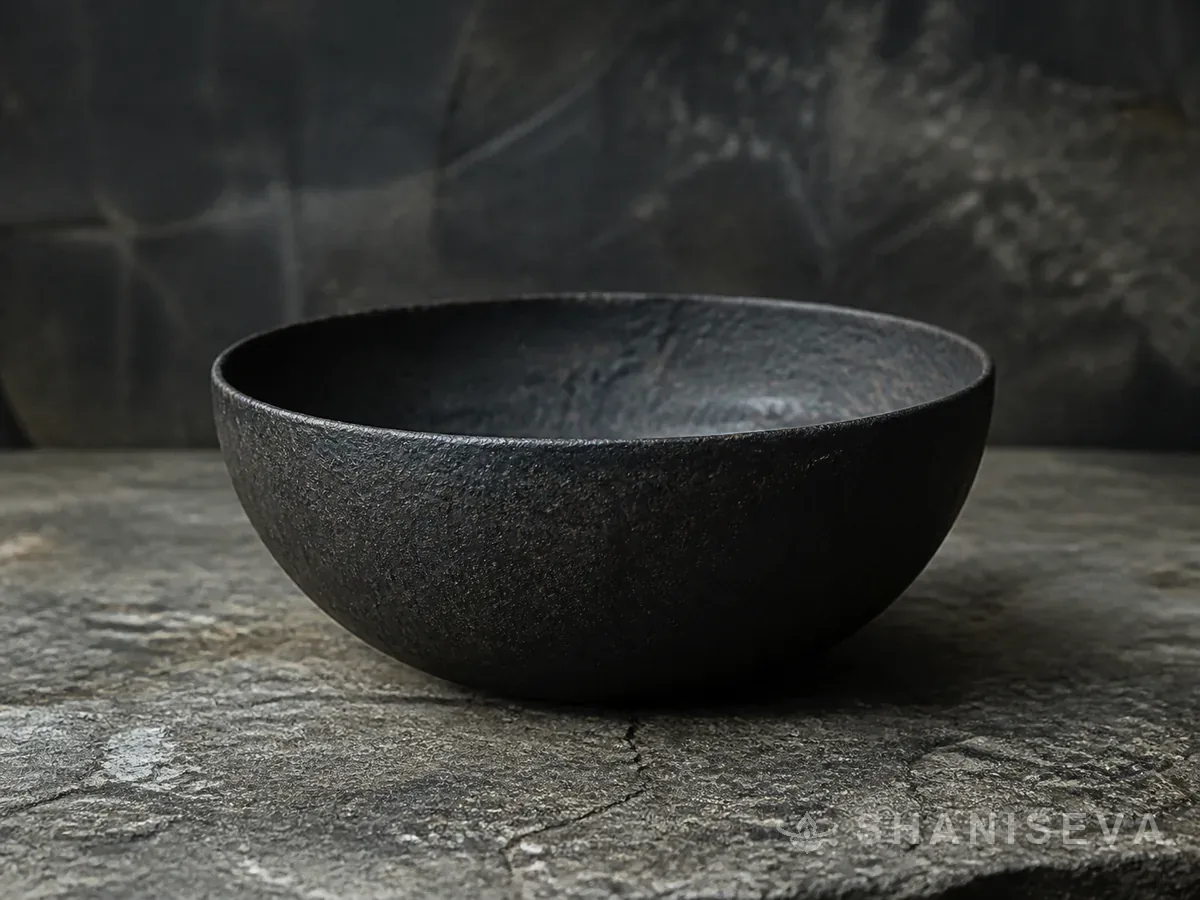 A plain black iron bowl on rough stone