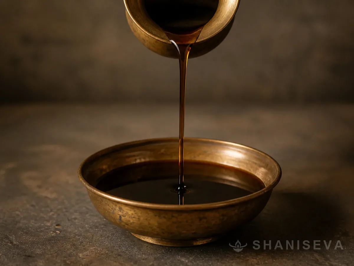 Sesame oil poured in a thin stream into a brass dish