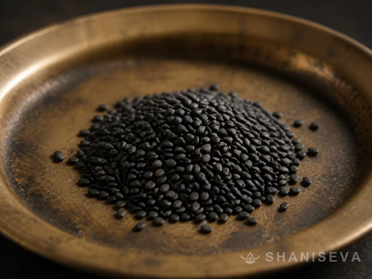 Black sesame seeds heaped on a worn brass plate