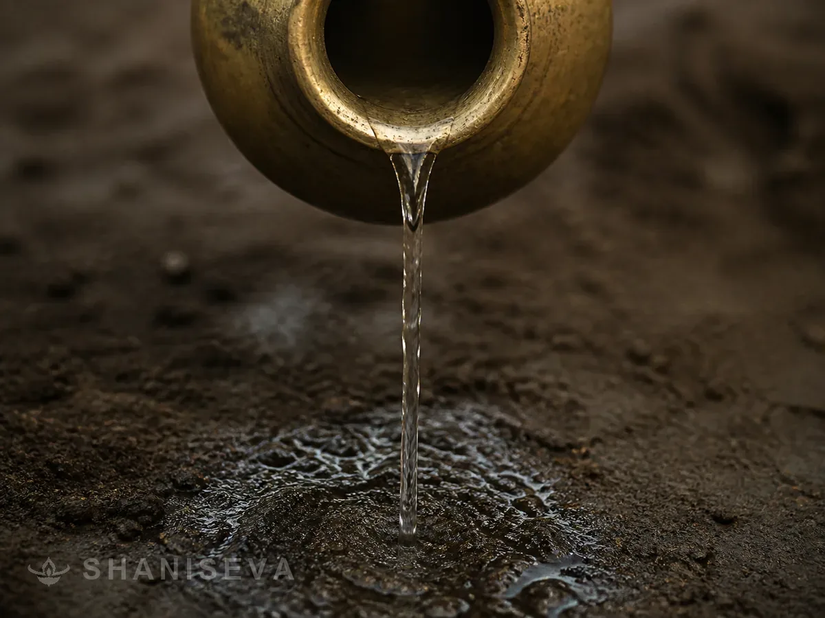 Water poured from a brass lota onto dark earth