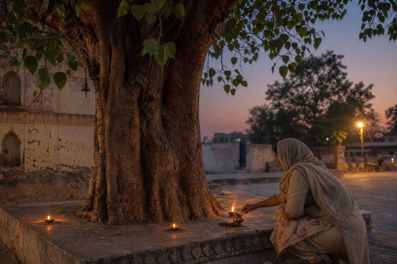 Peepal tree at dusk near the devotional centre