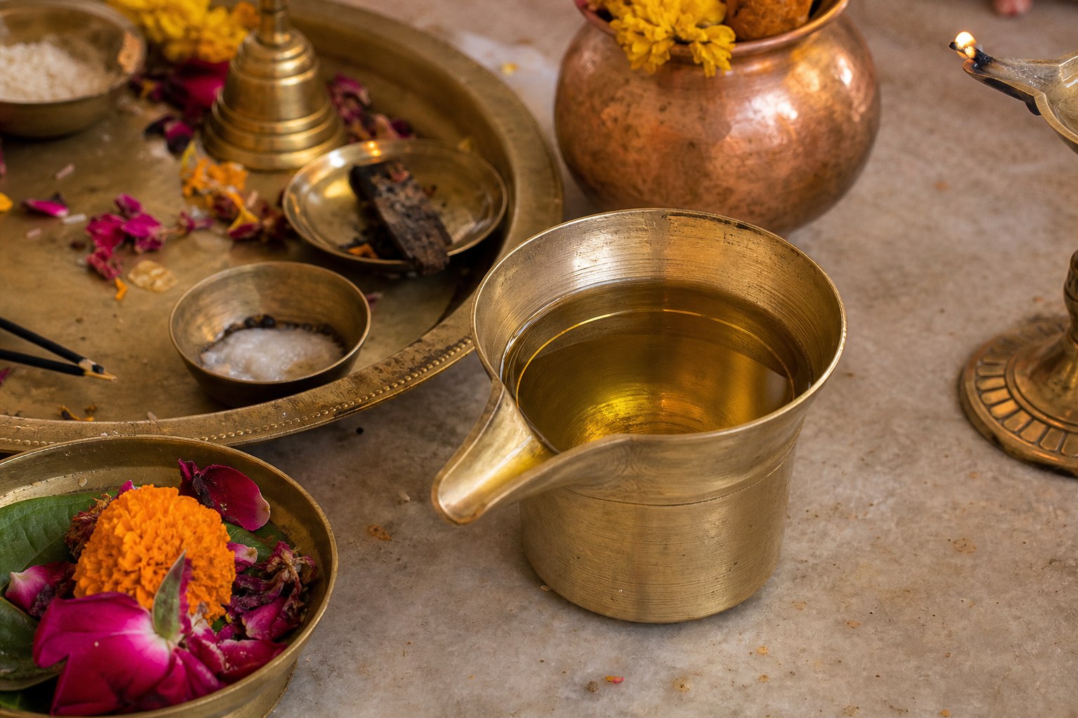 Mustard oil offering prepared in a brass vessel