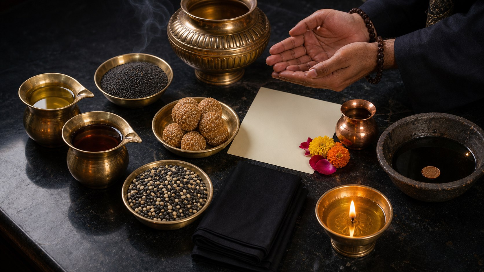 Shani puja offerings arranged on a dark stone surface
