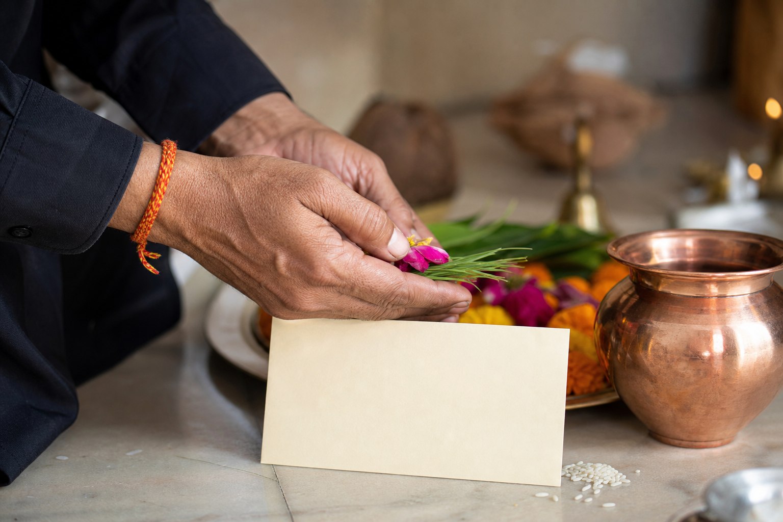 Hands preparing flowers and sacred grass for a sankalp