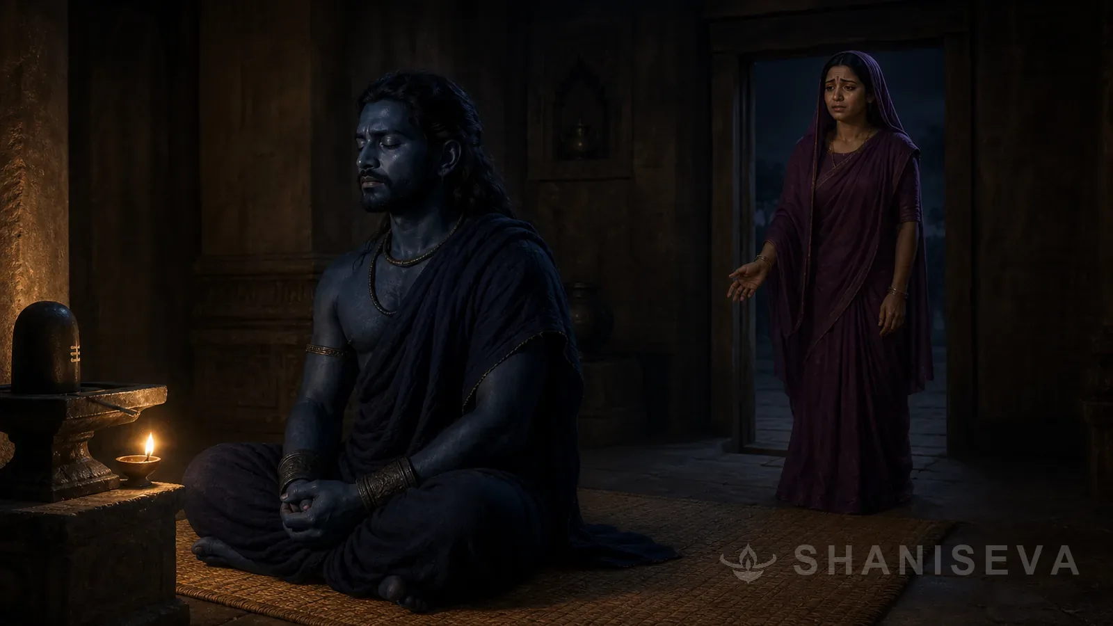 Shani Dev meditates while his wife waits unheard in the doorway
