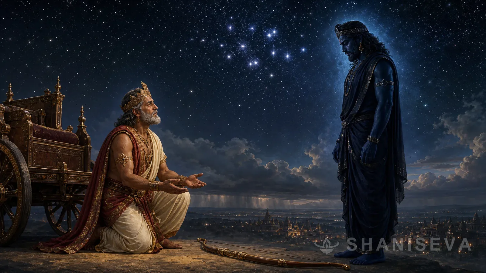 King Dasharatha lays down his bow before Shani Dev