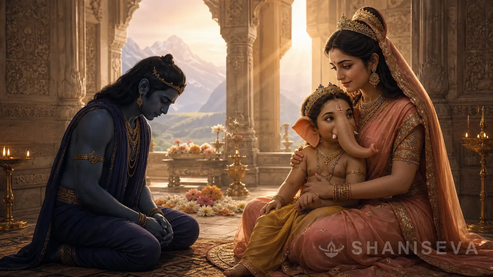 Shani Dev bows before Parvati and the restored child Ganesha