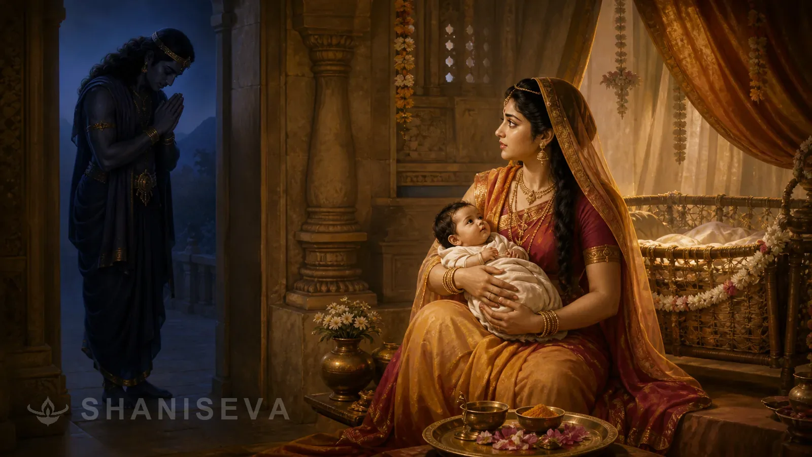 Parvati holds her newborn while Shani Dev keeps his gaze lowered