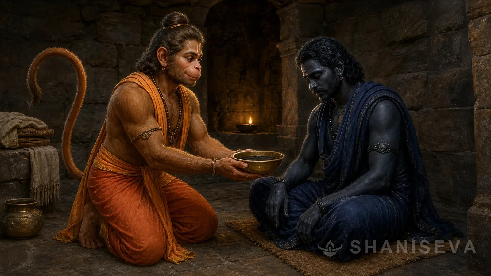 Hanuman offers sesame oil to an exhausted Shani Dev