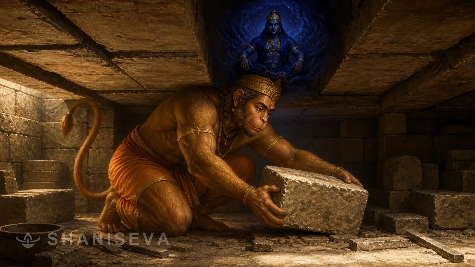 Hanuman continues his work while Shani's transit rests above him