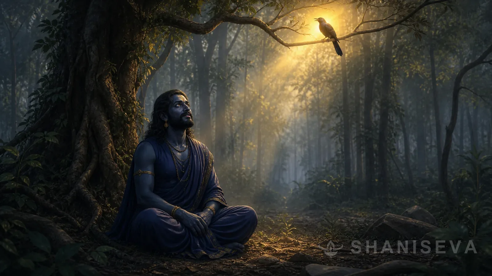 Shani Dev looks up at the cuckoo in Kokilavan