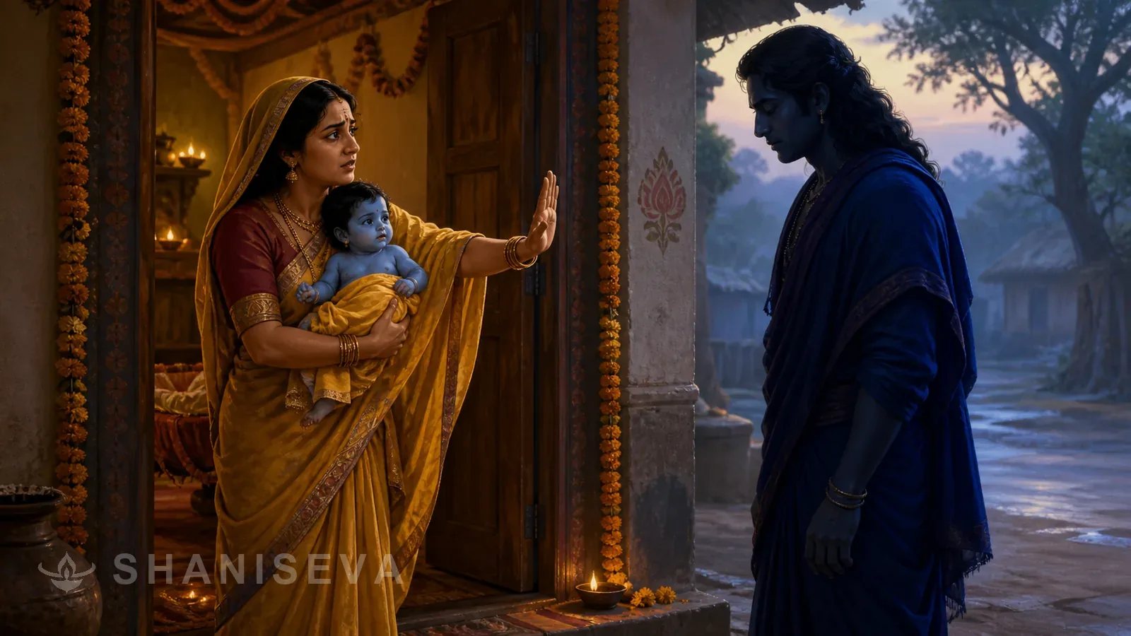 Yashoda protects infant Krishna as Shani Dev waits outside