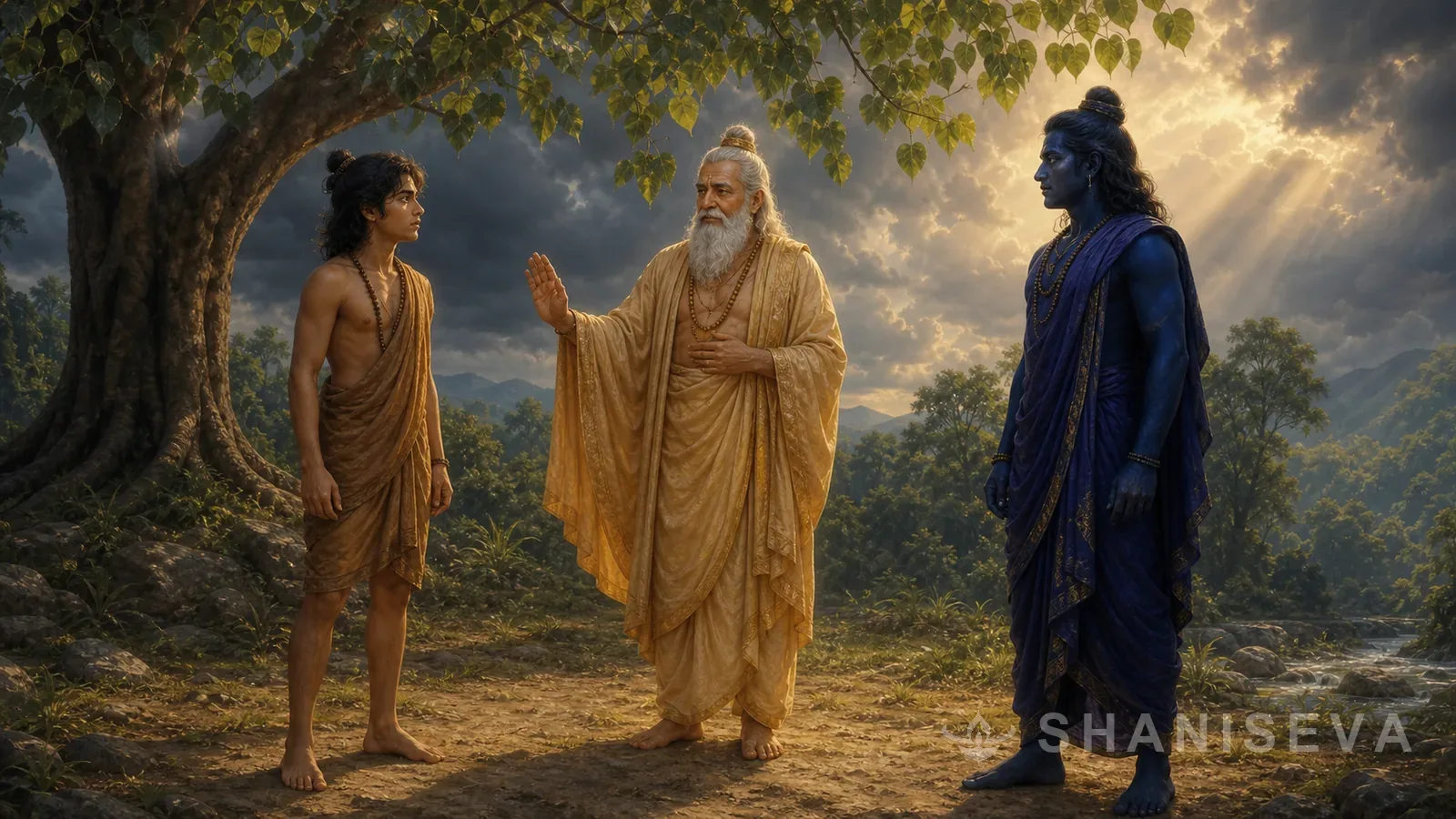 Brahma intervenes between Pippalada and Shani Dev beneath the peepal tree