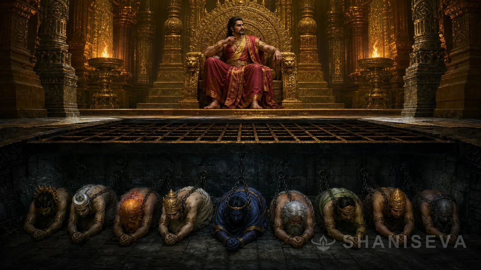 Ravana sits above the nine grahas imprisoned beneath his throne