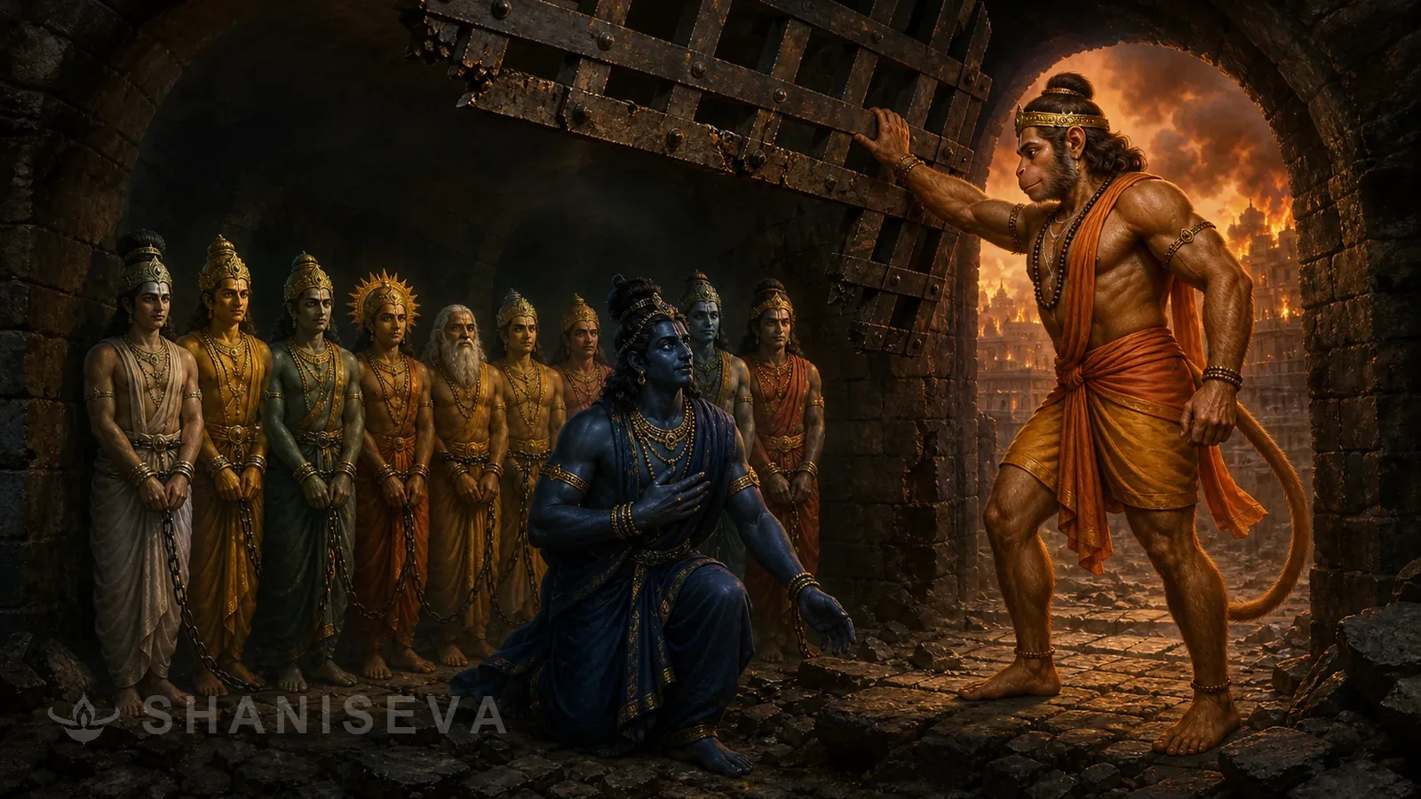 Hanuman frees Shani Dev and the other grahas beneath Lanka