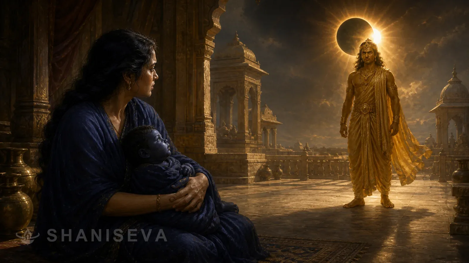 Chhaya holds the dark newborn Shani as Surya stands beneath an eclipse
