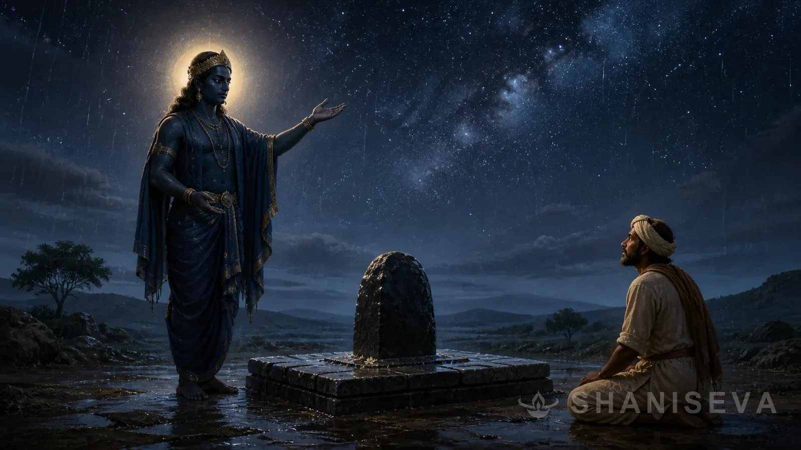 Shani Dev instructs the shepherd to leave the sacred stone beneath the open sky