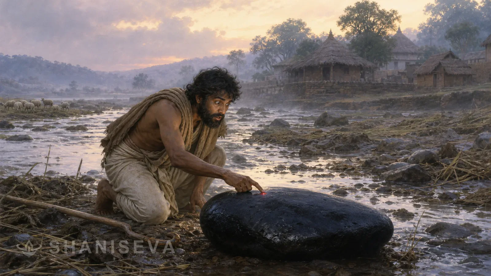 A shepherd discovers the black stone in a flooded riverbed