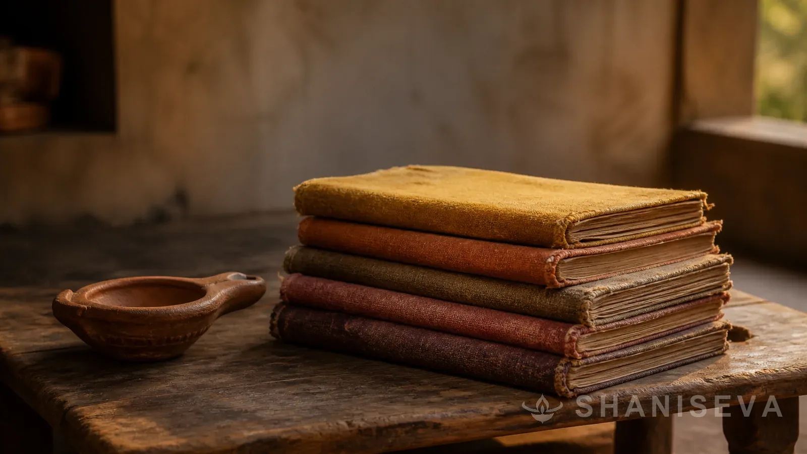 Worn devotional booklets beside an unlit lamp