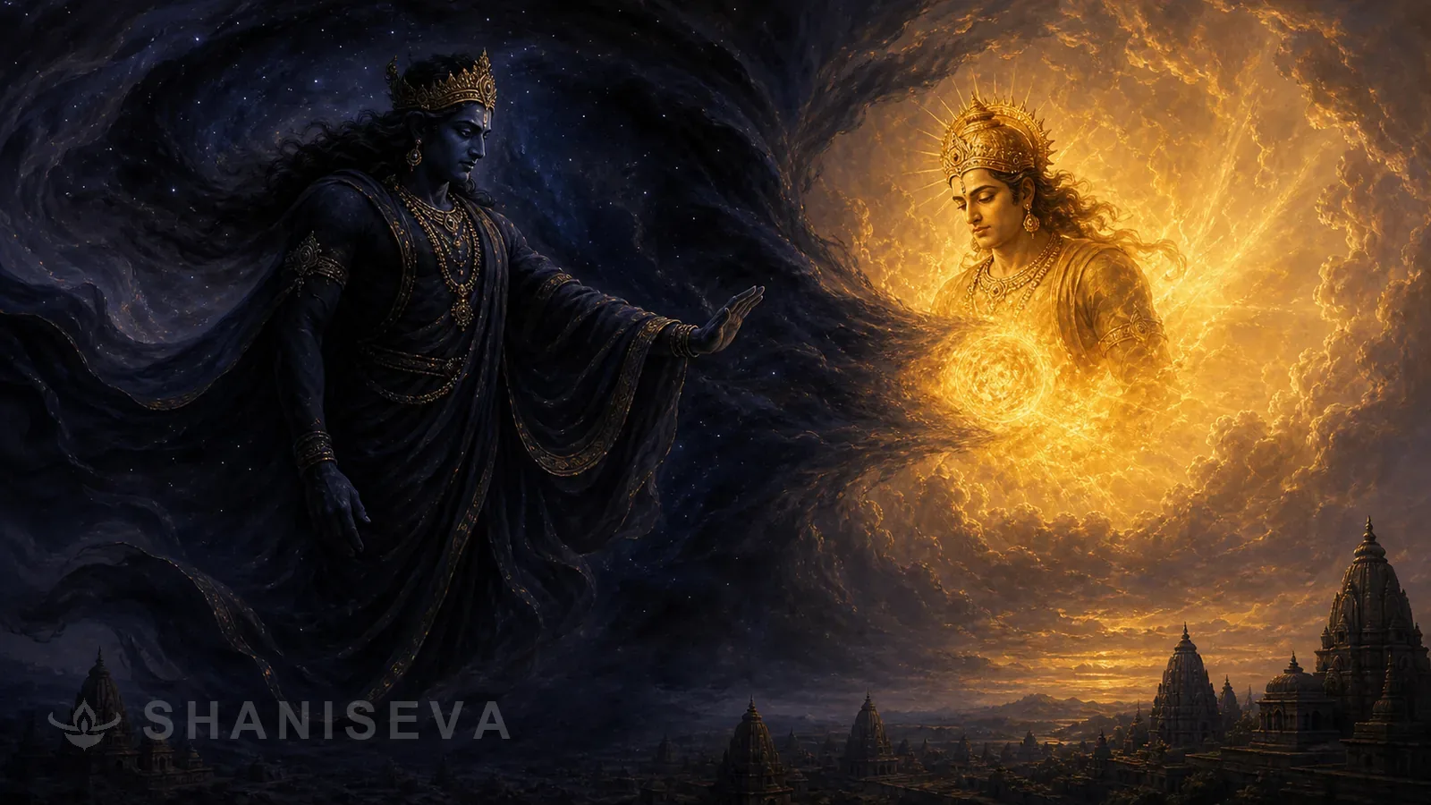 Shani Dev draws Surya's light into cosmic darkness