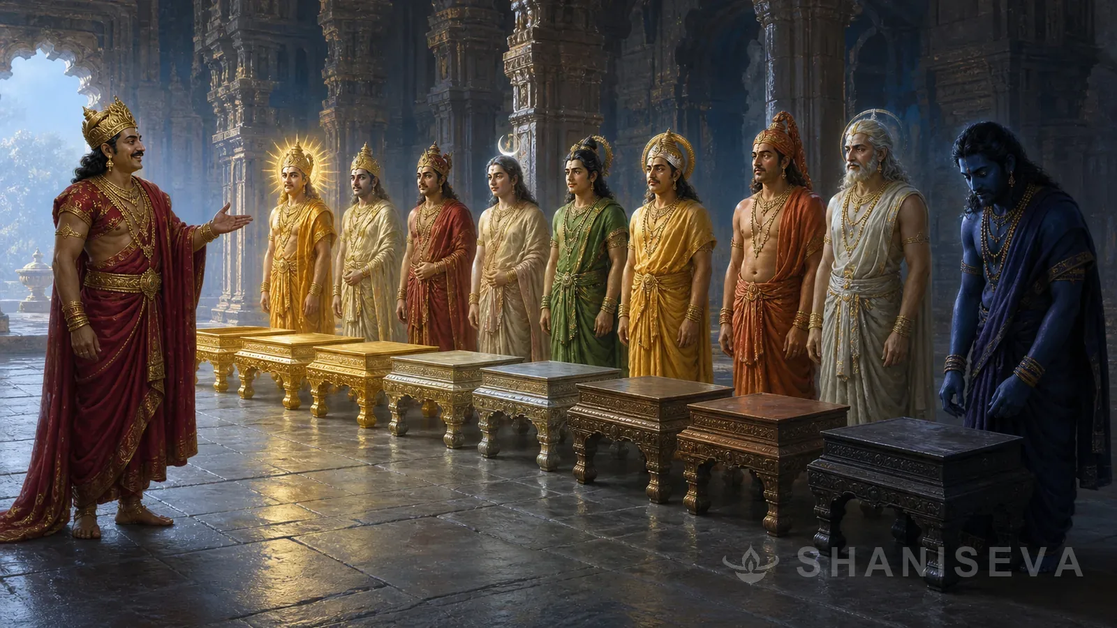 King Vikramaditya ranks the nine grahas using nine metal seats