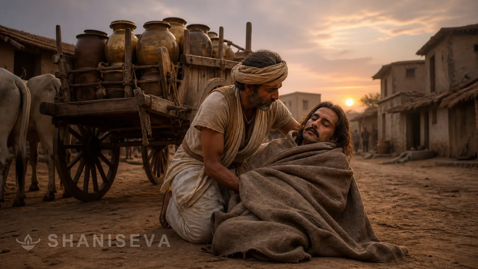 An oil-presser stops his cart to help the fallen King Vikramaditya