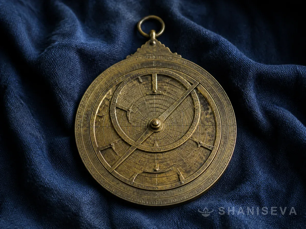 An aged brass astrolabe on dark cloth