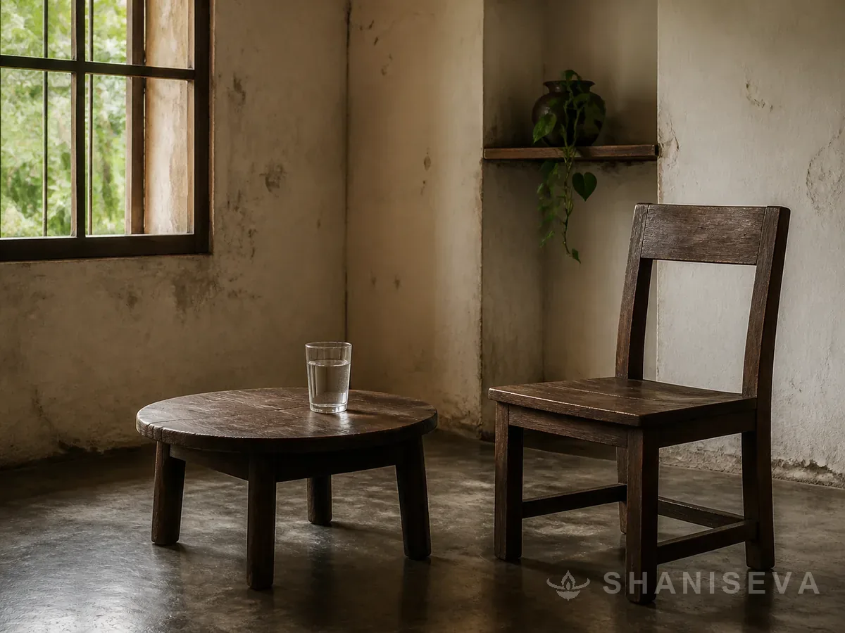 An empty chair and a glass of water in a quiet room