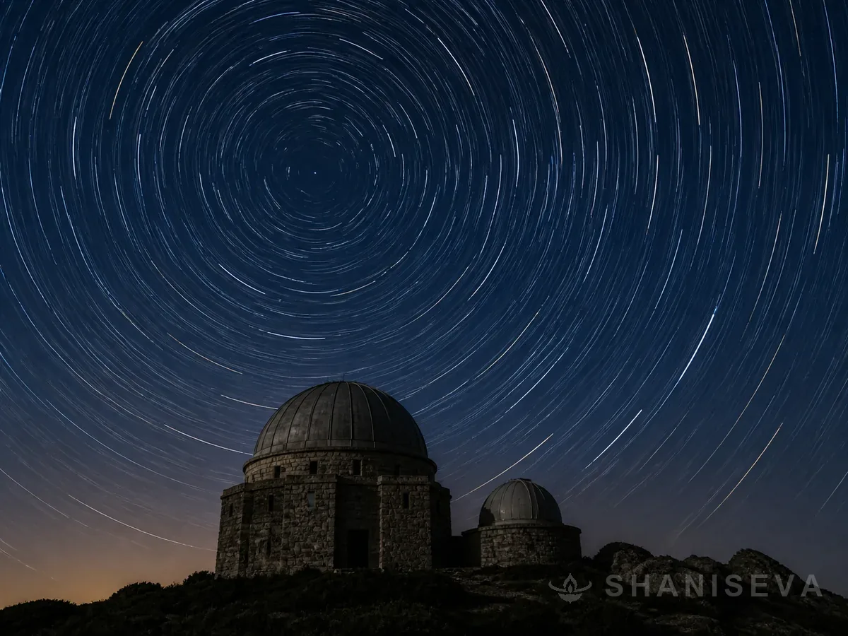 Star trails above a stone observatory
