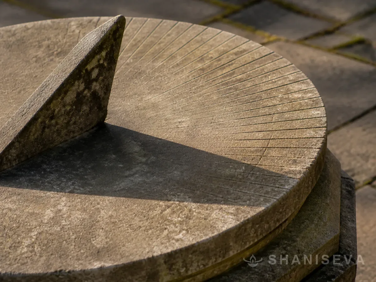 A shadow across the arc of a stone sundial